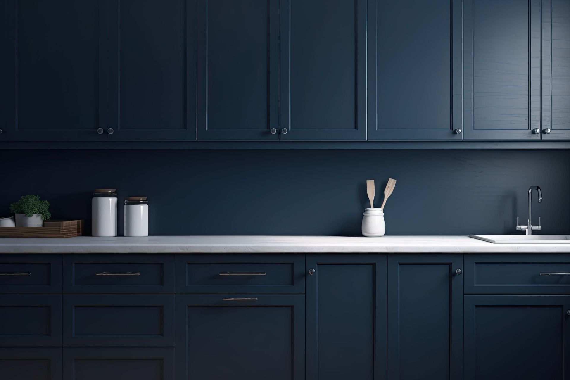 Silestone worktops with blue cupboards