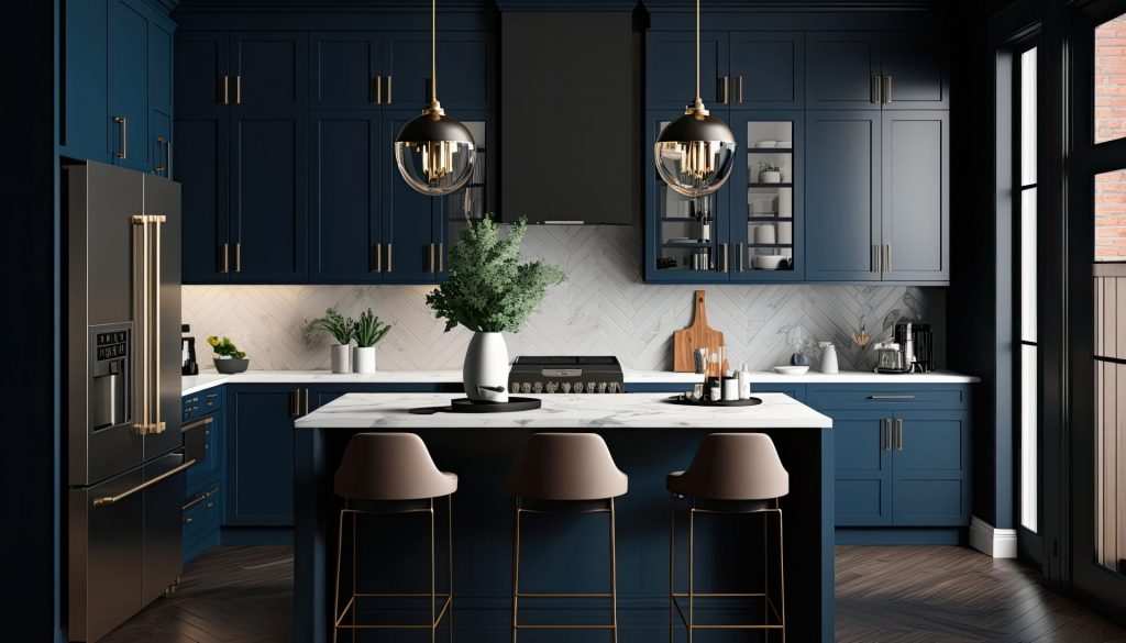 Fancy kitchen with blue cupboards and silestone worktops