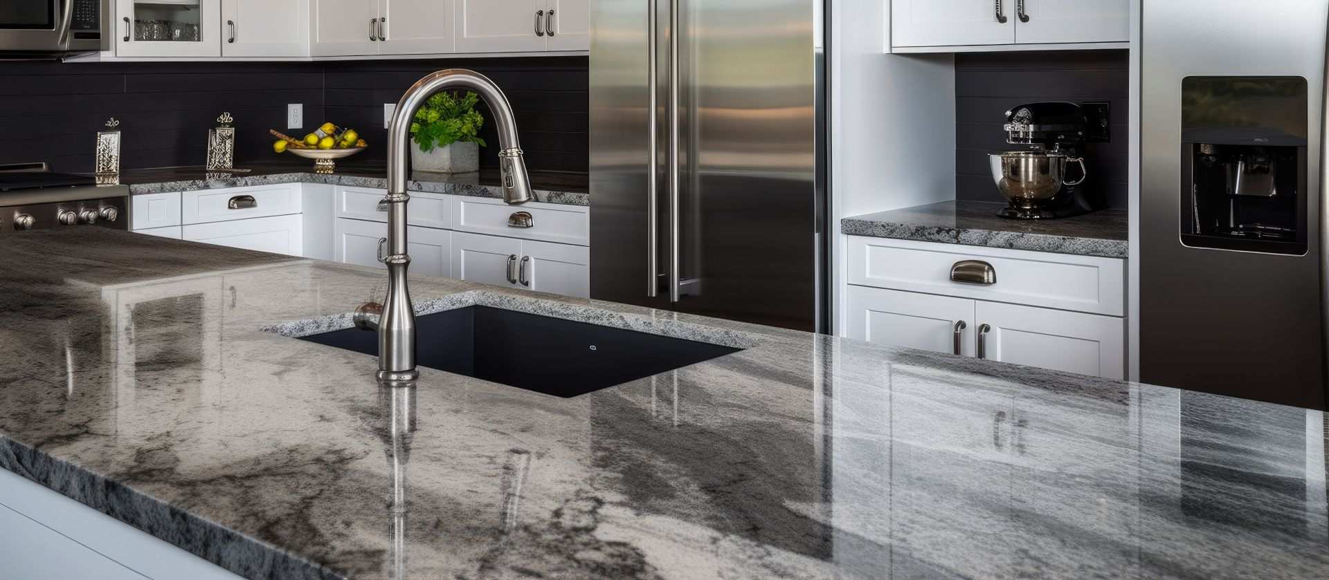 Shiny Granite worksurface in kitchen