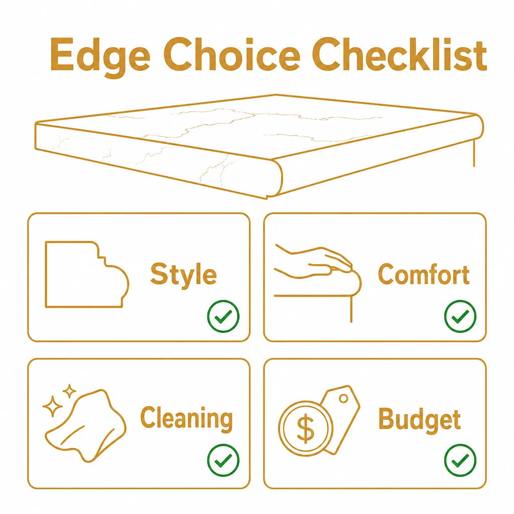 Checklist graphic for choosing a practical worktop edge.