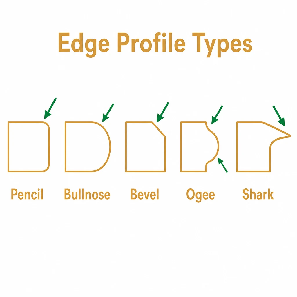 Diagram comparing five common worktop edge profiles.