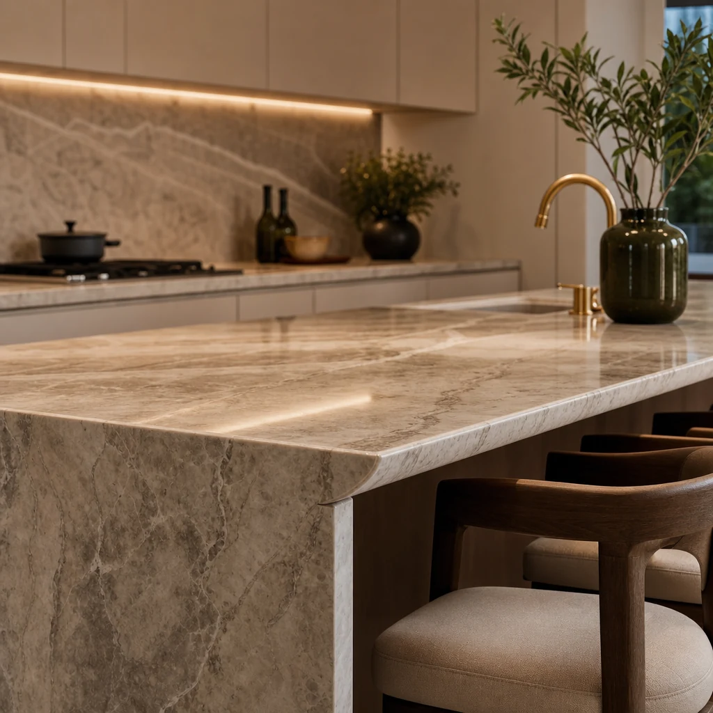 Modern stone breakfast bar with a slim finished edge profile.