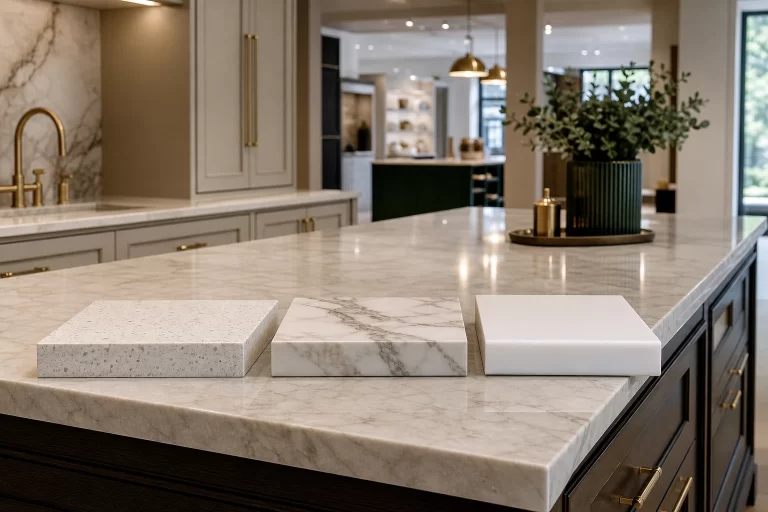 Polished stone kitchen island with visible worktop edge samples.