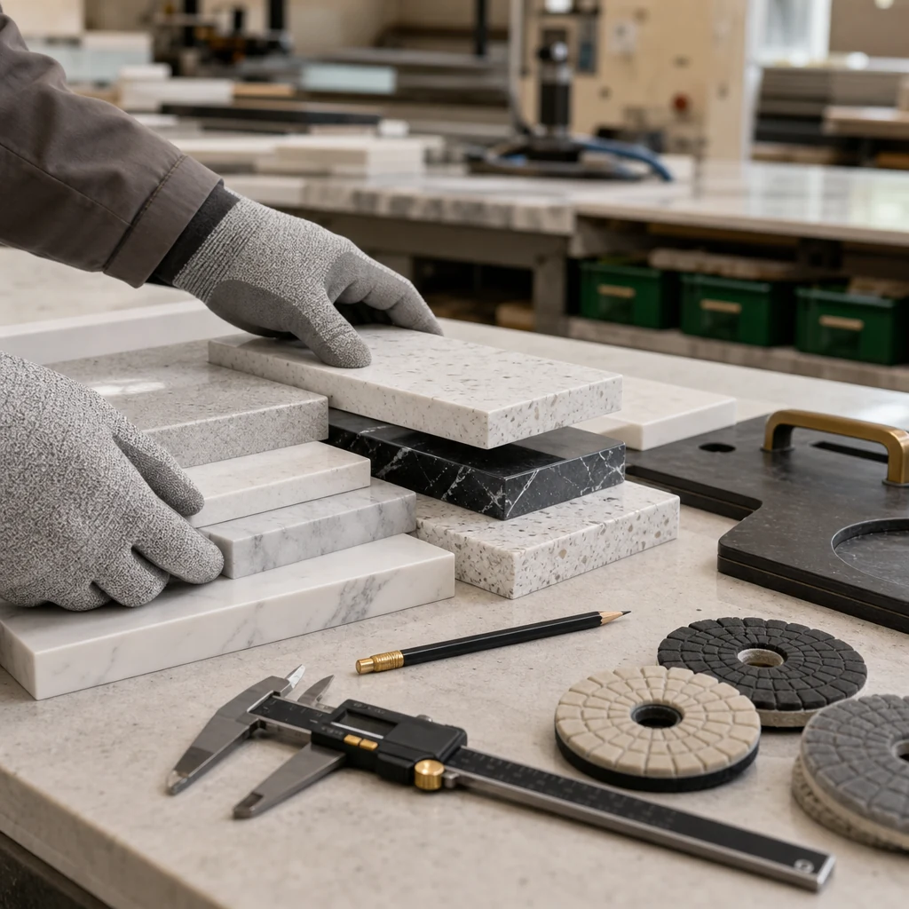 Stone worktop samples showing different thicknesses and polished edges.