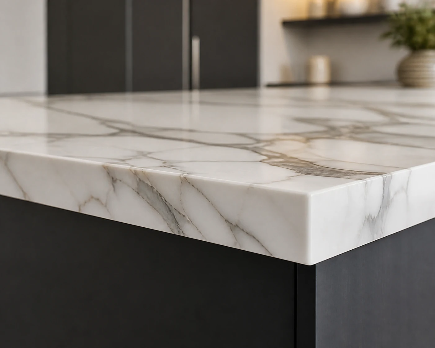 Close view of natural marble veining on a polished worktop.