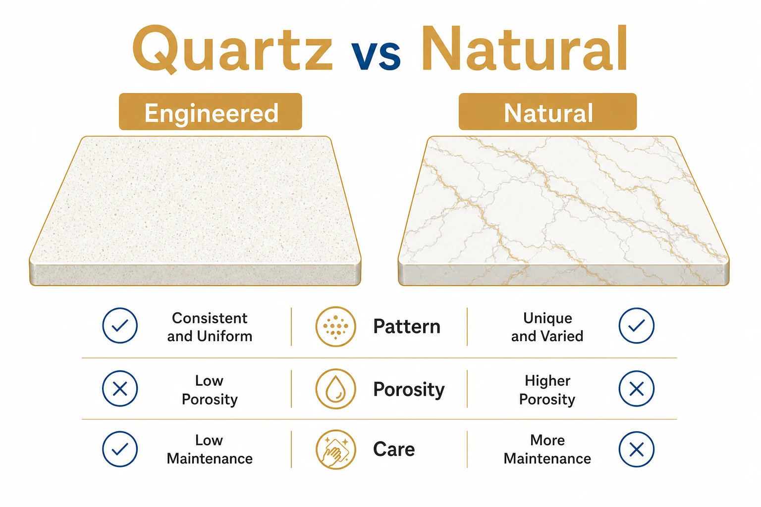 Comparison graphic of engineered quartz and natural stone surfaces