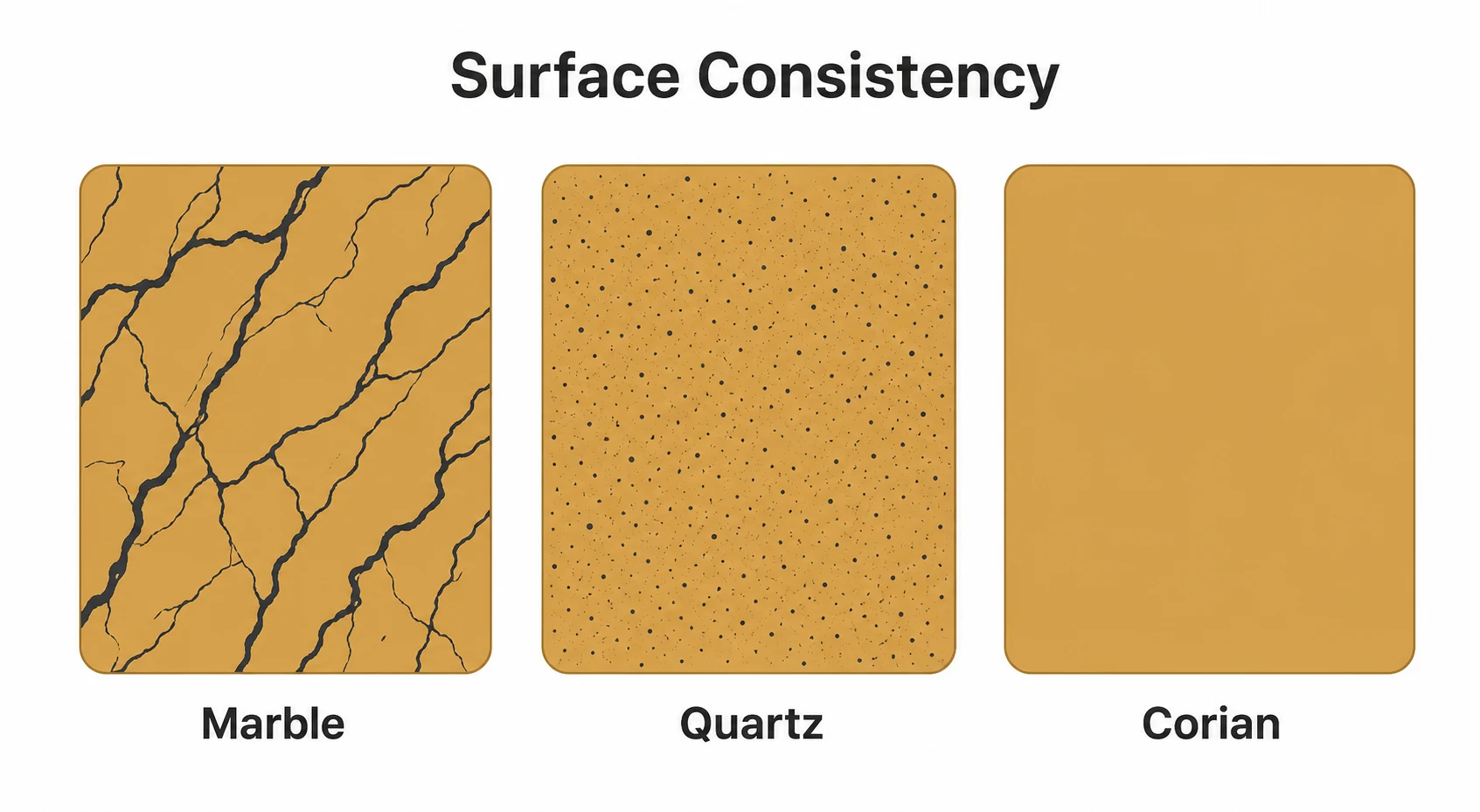 Graphic comparing marble, quartz and Corian surface consistency.