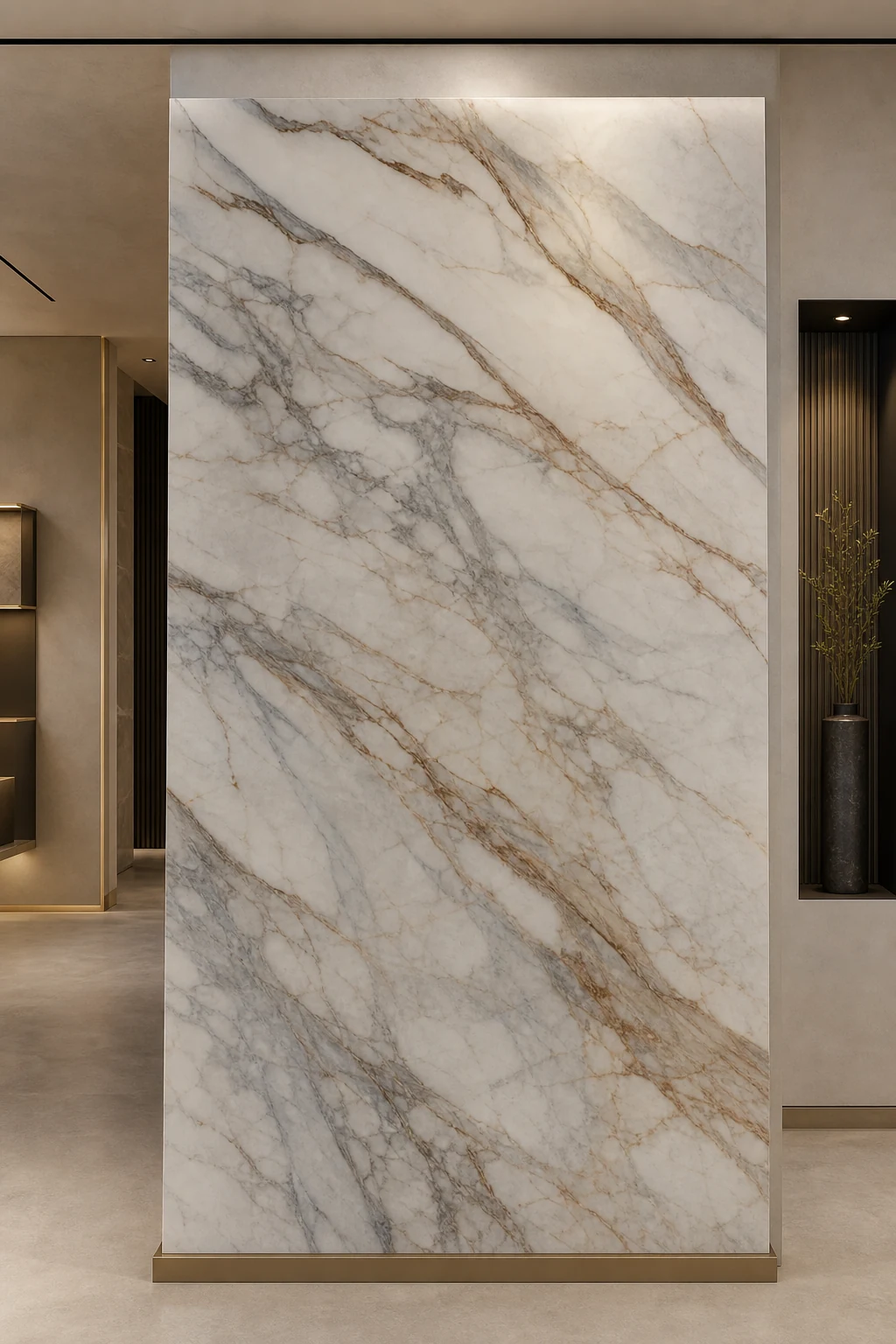 Large veined marble slab displayed in a clean stone showroom.