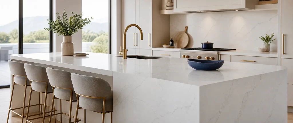 Polished light quartz kitchen island with subtle veining in a clean modern kitchen