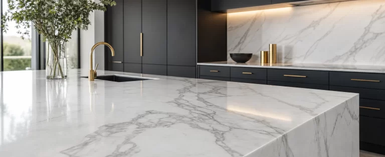 Polished marble kitchen island with distinctive grey veining.