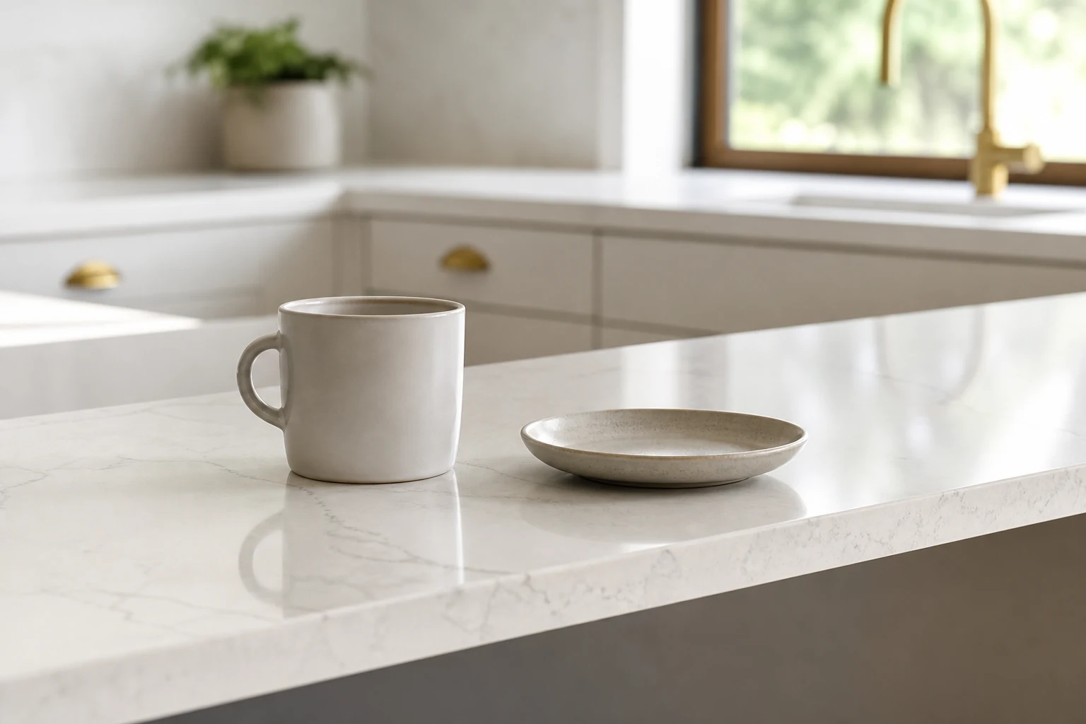 Polished quartz worktop with a mug and plate in a clean kitchen