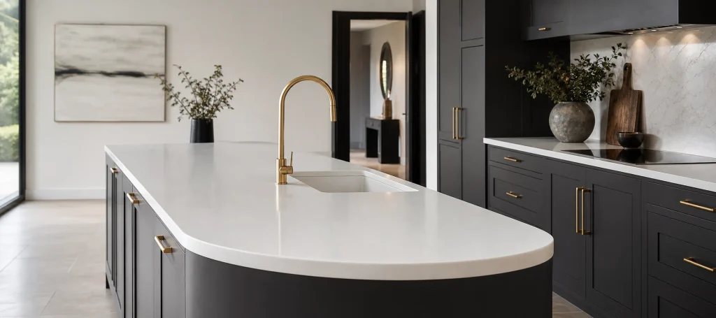 Curved white Corian kitchen island with seamless integrated sink