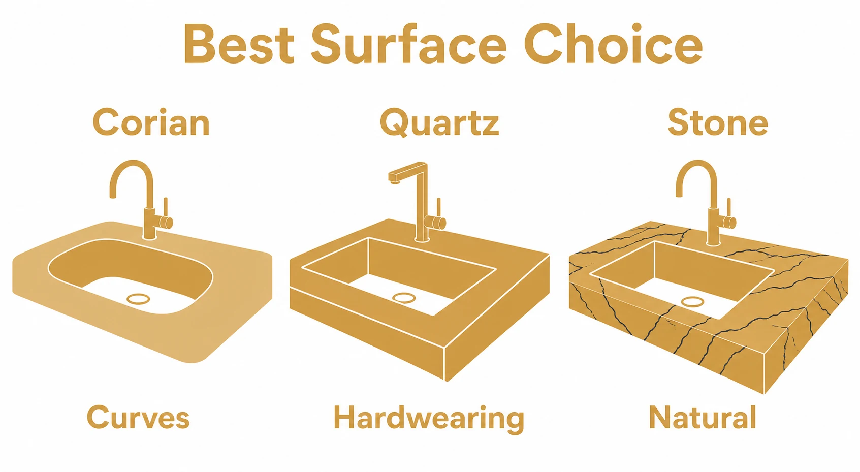 Decision graphic comparing Corian, quartz and stone choices
