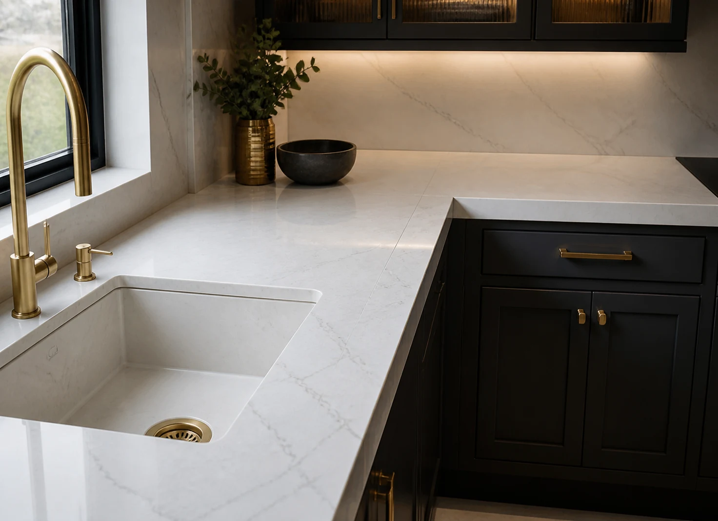 Finished stone worktop with a discreet planned corner join.