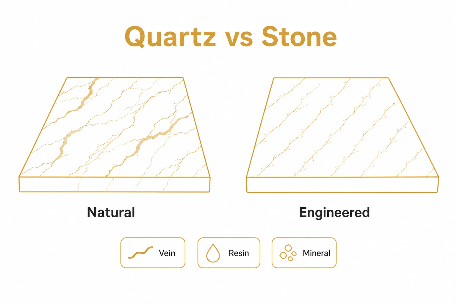 Graphic comparing natural stone variation with engineered quartz consistency.