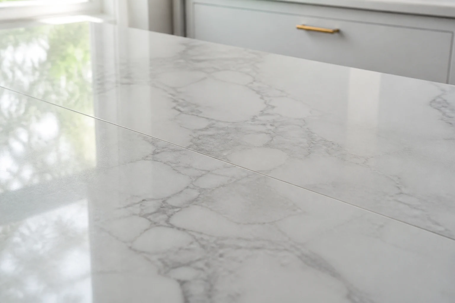 Neatly aligned join in a veined stone worktop.
