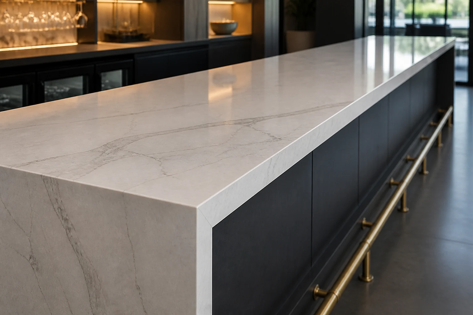 Polished quartz bar counter with natural veining and a clean finish.