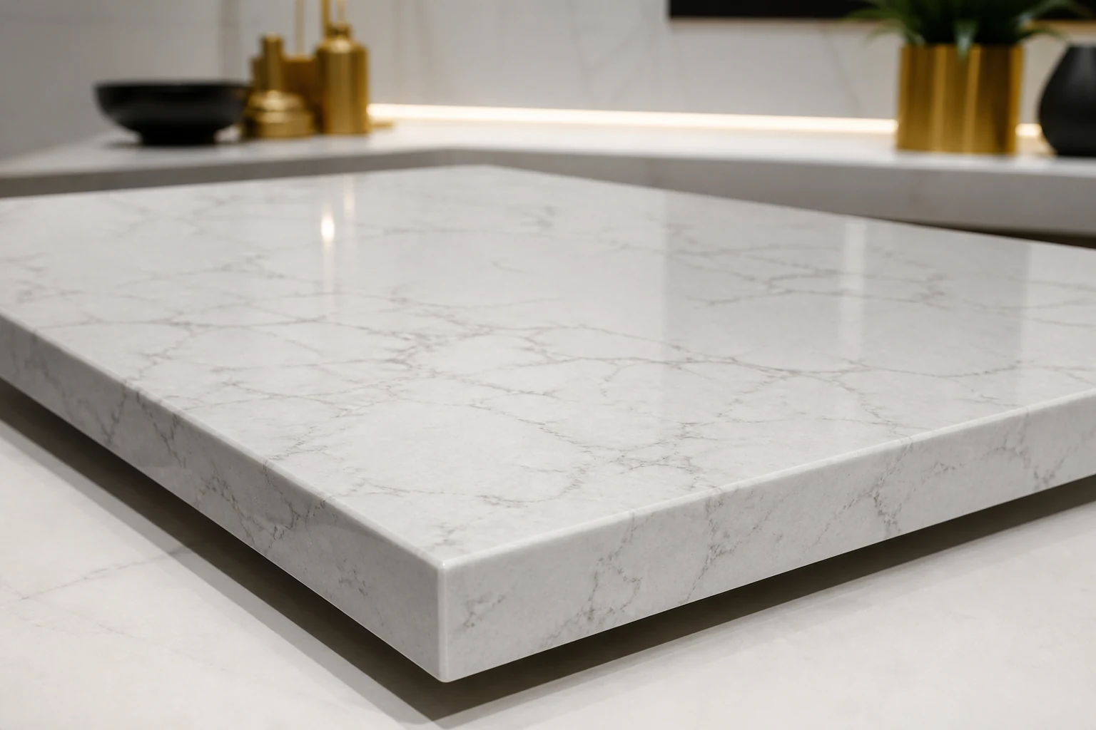 Polished quartz surface with controlled marble-style veining.