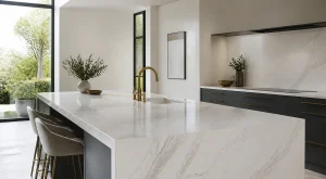 Premium quartz kitchen island with soft natural veining.