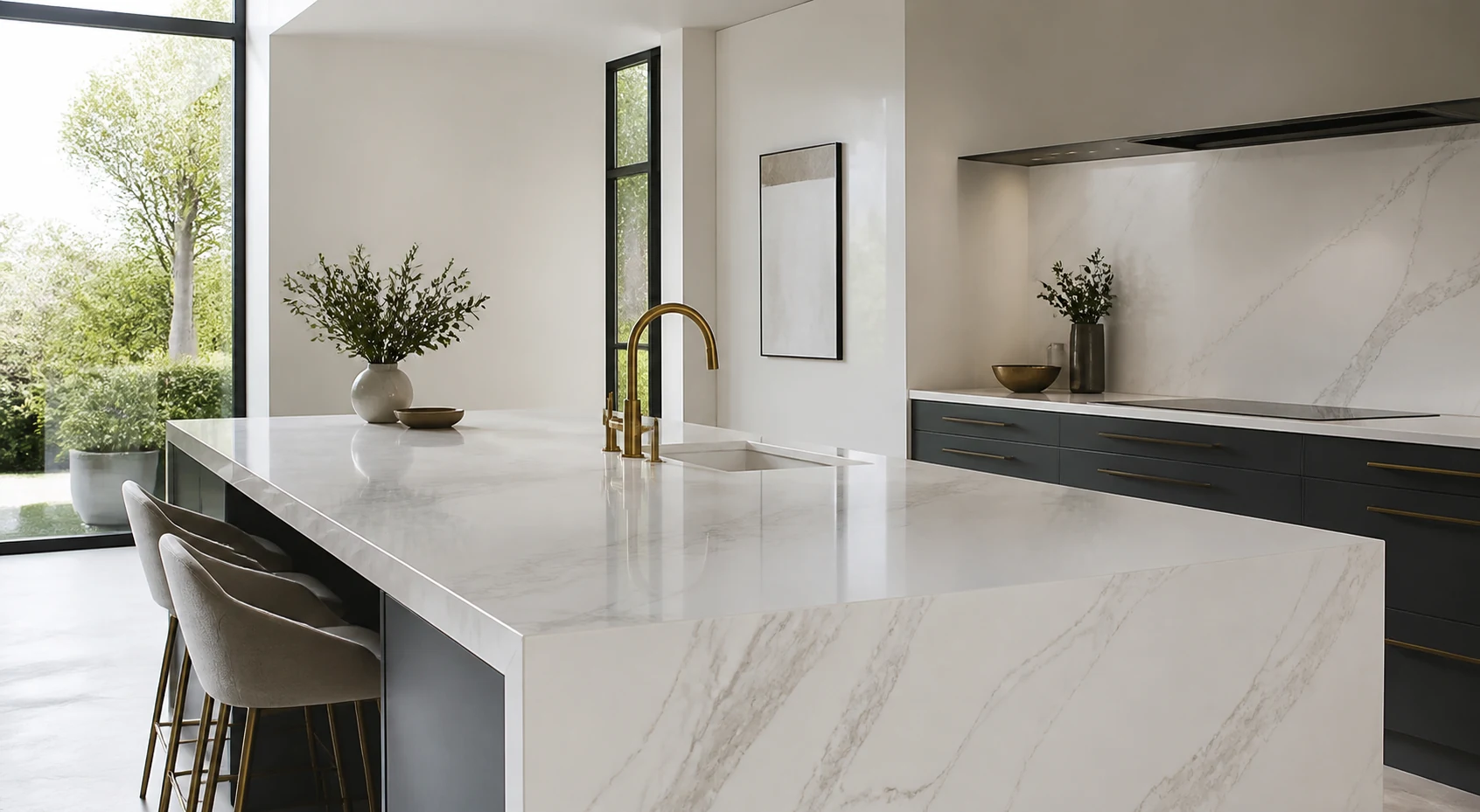 Premium quartz kitchen island with soft natural veining.