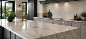 Premium stone kitchen island with a subtle worktop join.