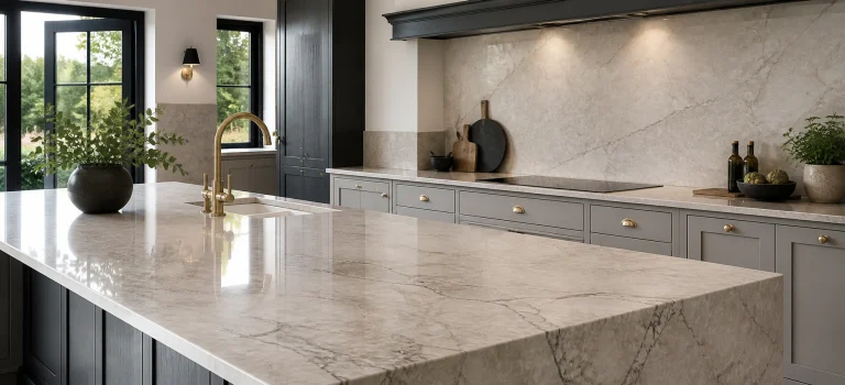 Premium stone kitchen island with a subtle worktop join.