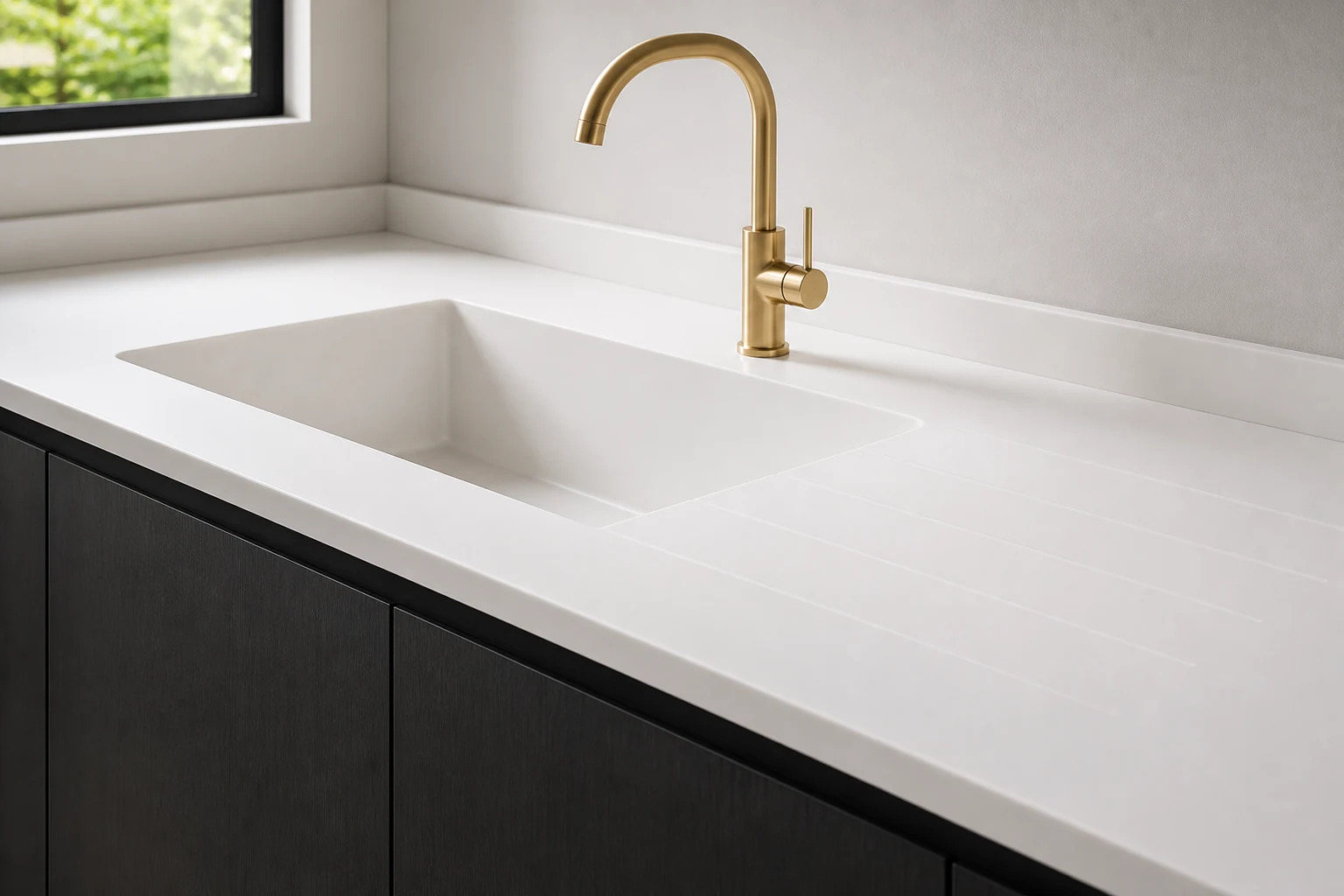 Seamless white Corian sink run with integrated draining area