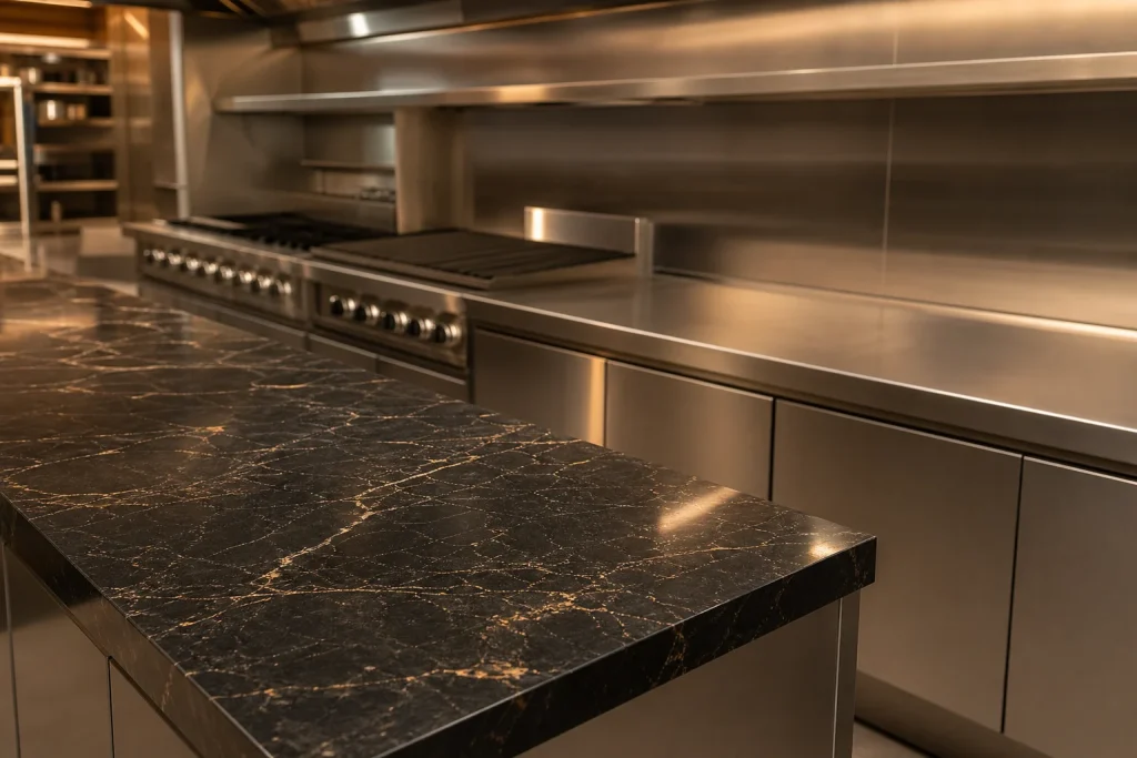 Dark veined stone worktop beside brushed stainless steel counters in a commercial kitchen