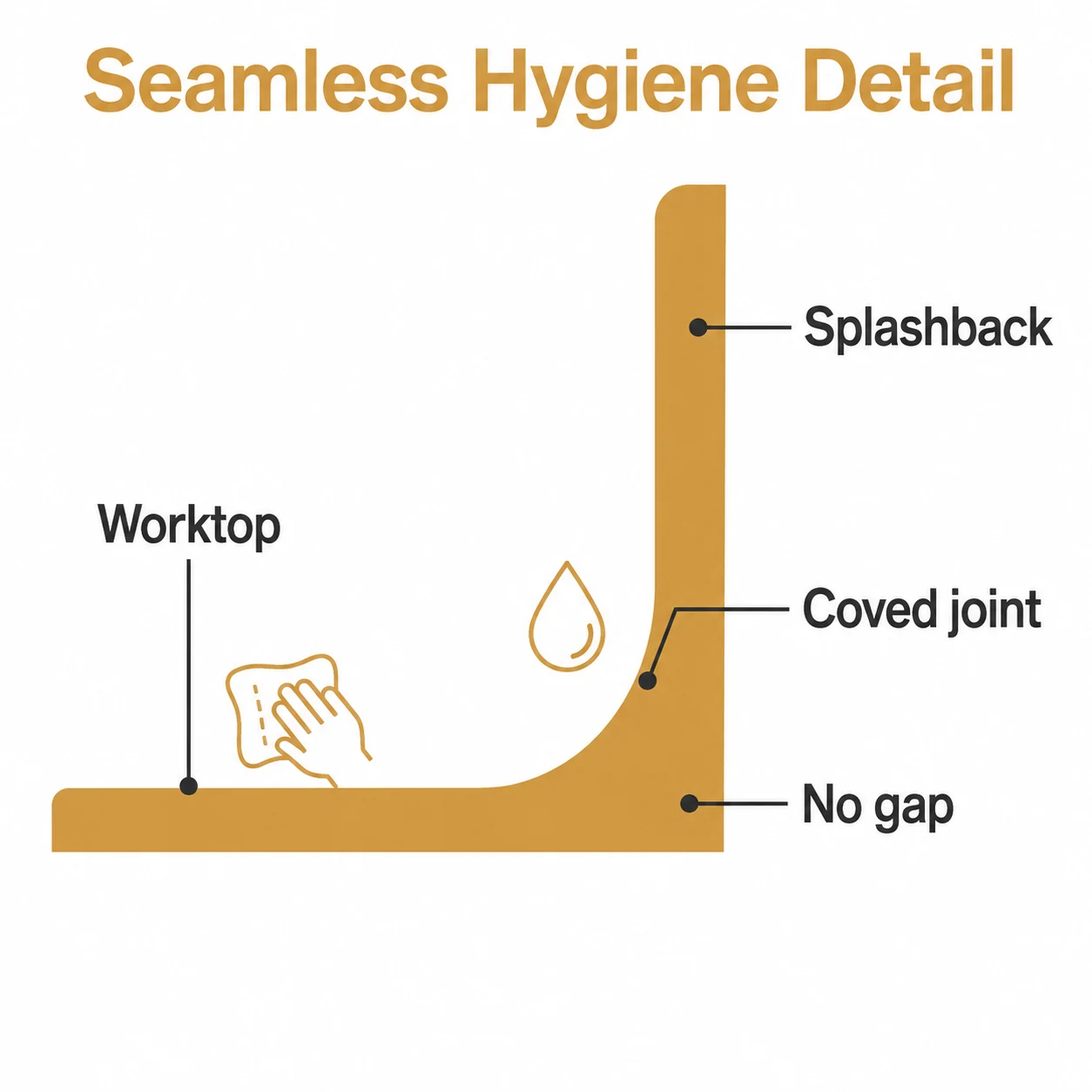 Diagram showing a seamless coved joint with no gap behind the worktop