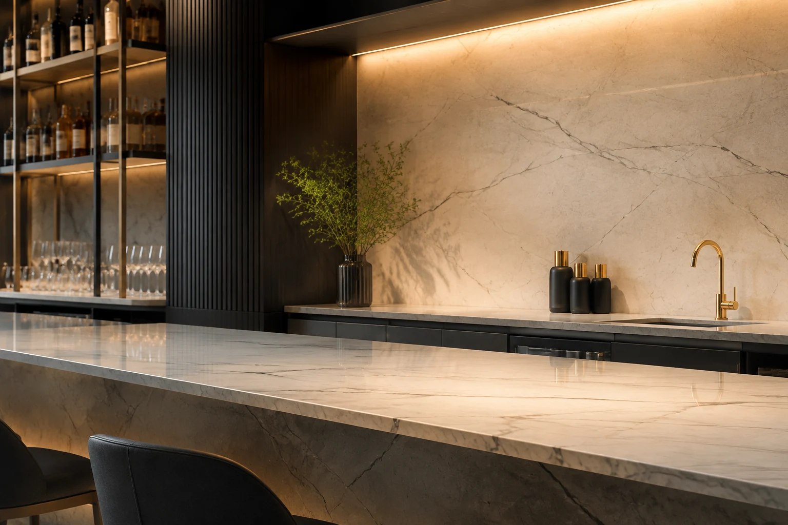 Polished bar counter with matching integrated splashback and smooth stone surface