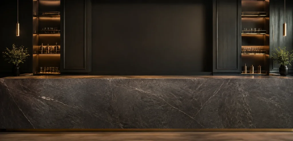 Polished stone bar counter in a clean commercial bar interior