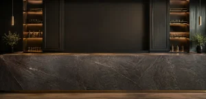 Polished stone bar counter in a clean commercial bar interior