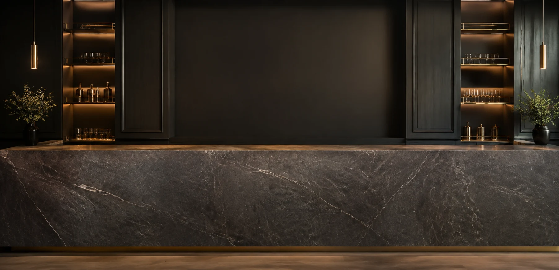 Polished stone bar counter in a clean commercial bar interior