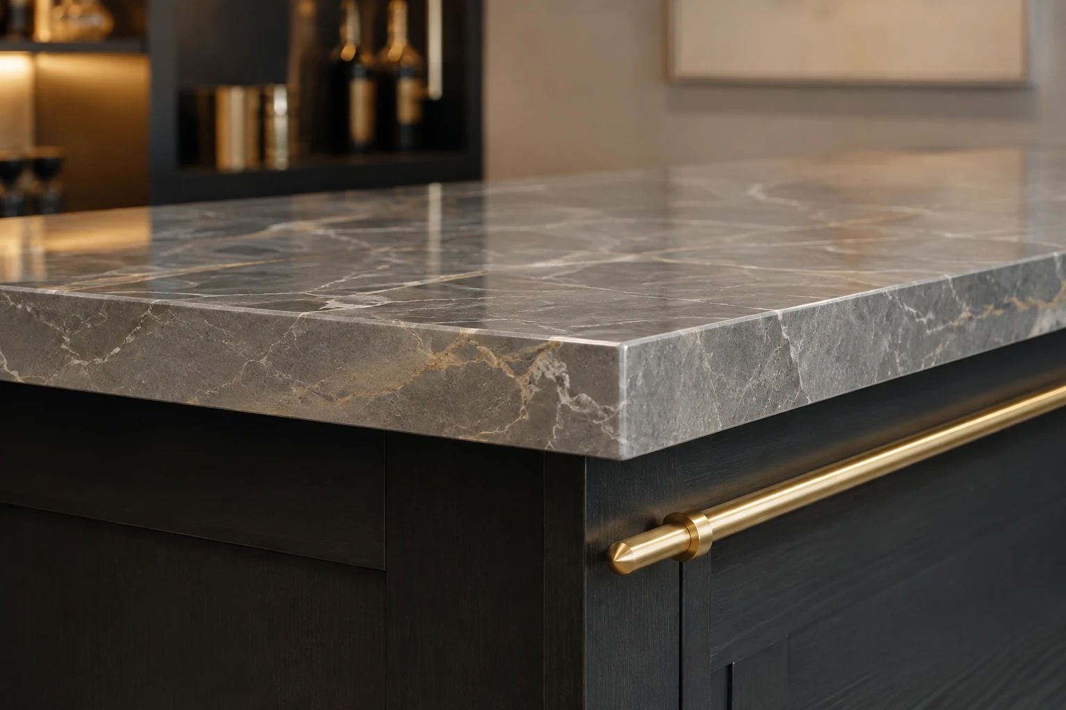 Precise finished stone bar counter edge and overhang detail