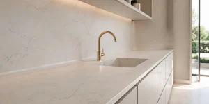 Seamless solid surface worktop with matching integrated splashback in a clean kitchen