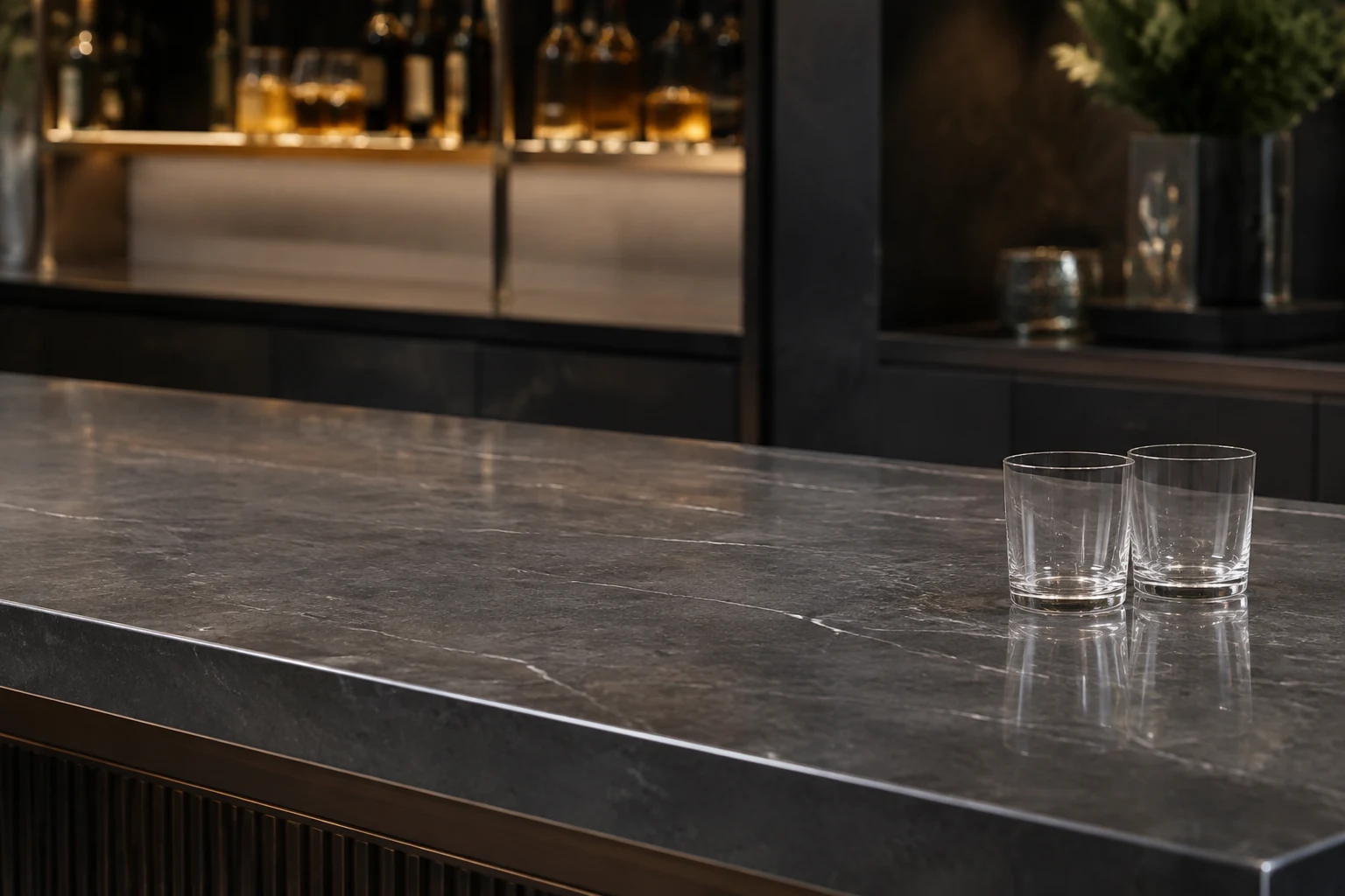 Spotless polished stone bar counter with a hygienic smooth surface