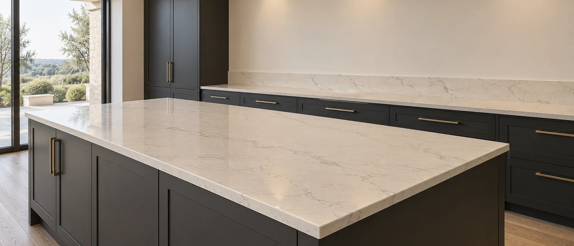 Ivory quartz connects a kitchen island, rear worktop and low splashback.