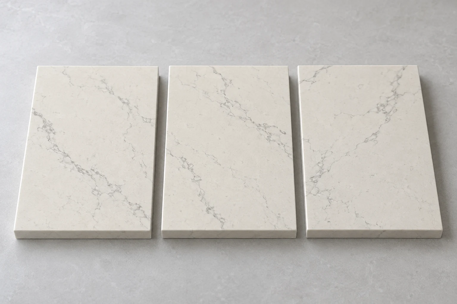 Three ivory quartz samples with similar colour and different fine grey vein patterns.